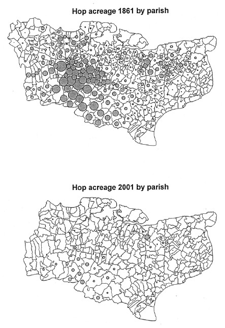 Hop acreage by parish, 1861 & 2001