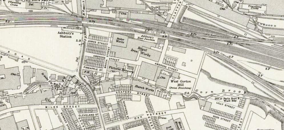 thumbAn Ordnance Survey extract showing Brook Street, West Gorton in 1915-1946. "Reproduced with the permission of the National Library of Scotland" http://maps.nls.uk/index.html: