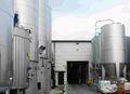 The narrow entrance to the brewery. External 250hL vessels on the left and malt silos to the right.